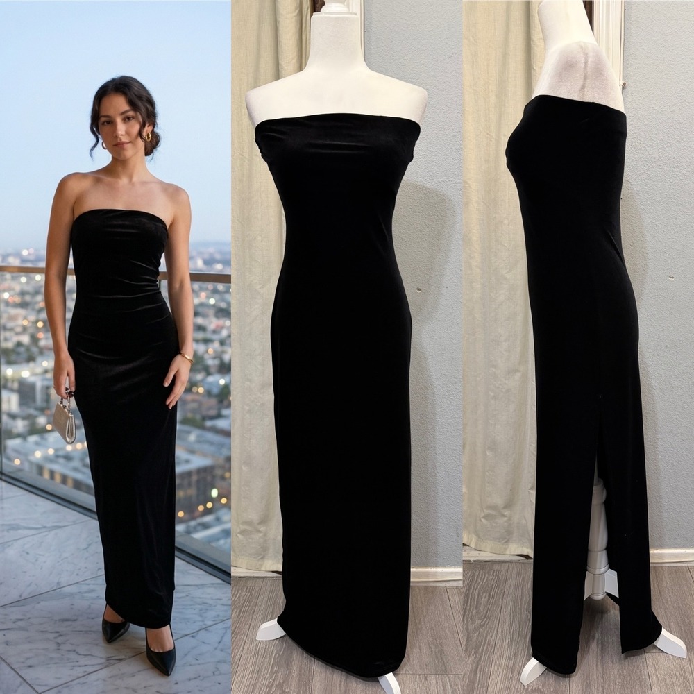 Misty Rose Black Velvet Strapless Maxi Dress M Side Slit Bodycon Gothic Vampire
